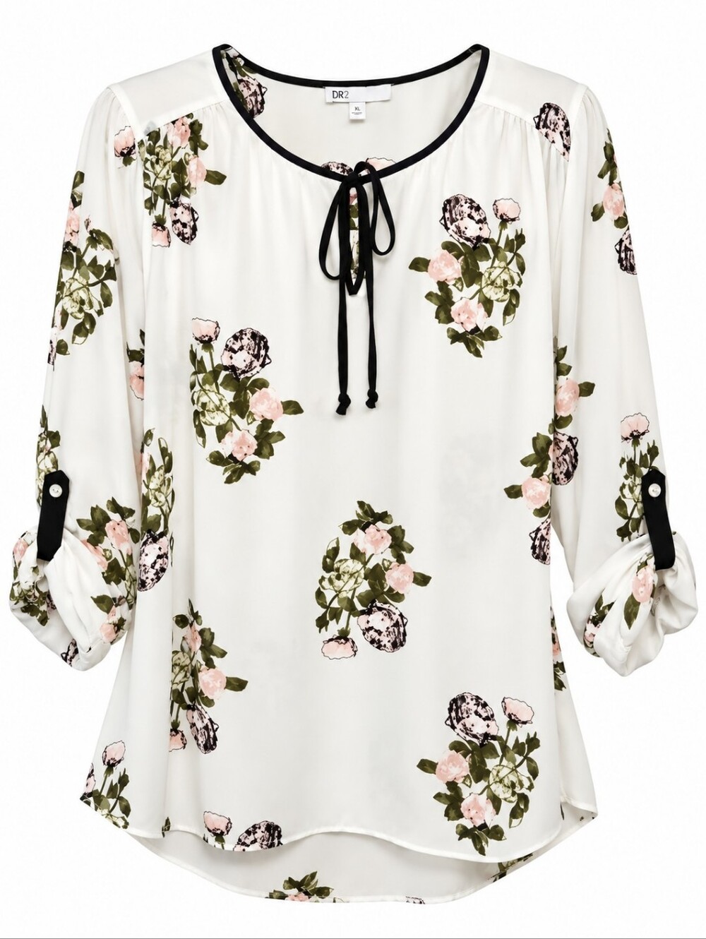 DR2 Floral Blouse Women’s XL White Pink Black Trim Semi-Sheer